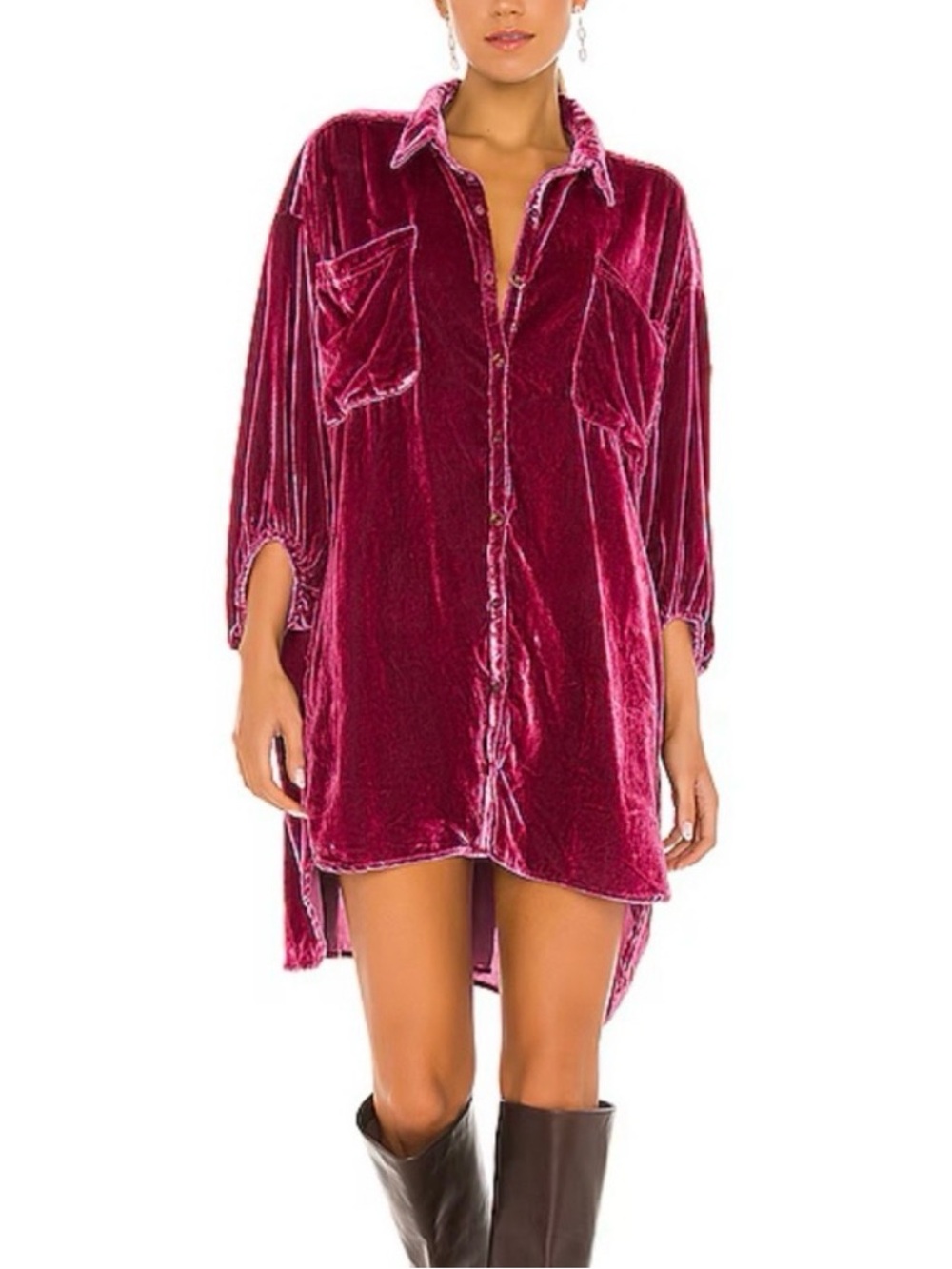 Free People - Lux Velvet Rich Fuchsia Oversized Long Sleeve Shirt Dress Size Med